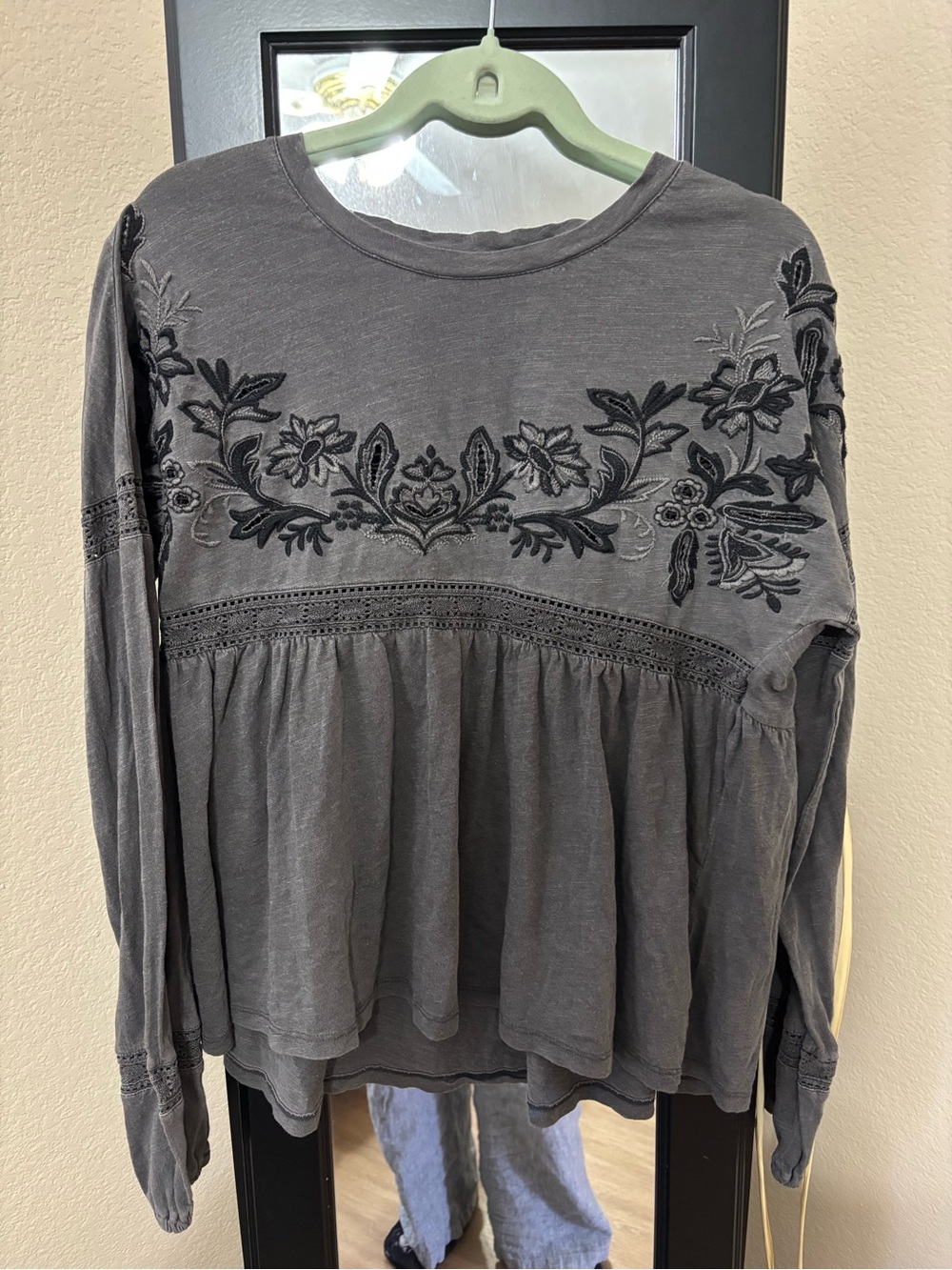 Lucky Brand Charcoal Gray Embroidered Peasant Tunic